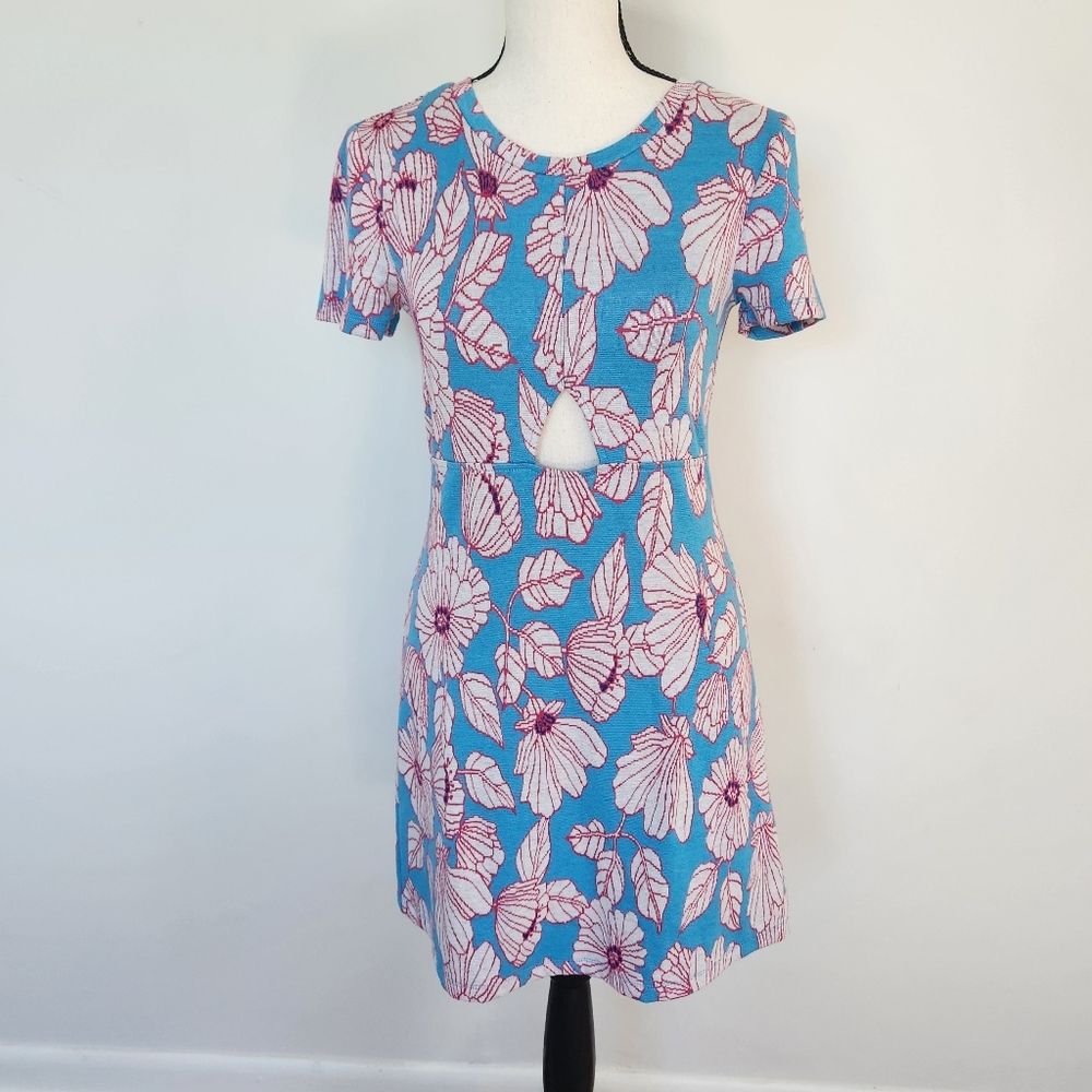 Zara Cut Out Jacquard Mini Dress Floral Blue, Cream, and Red Small